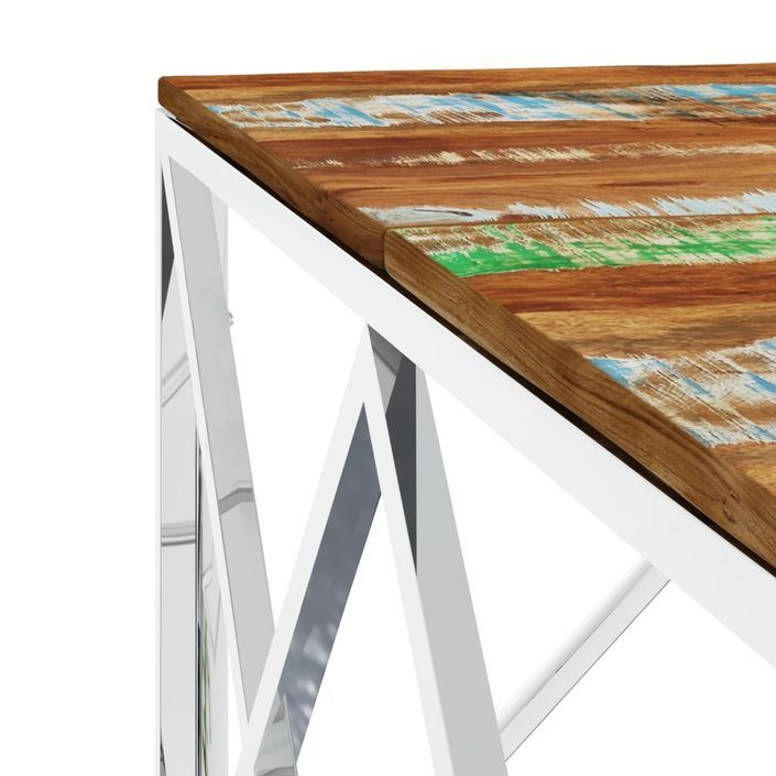 Table basse argenté acier inoxydable/bois massif récupération - Photo n°5