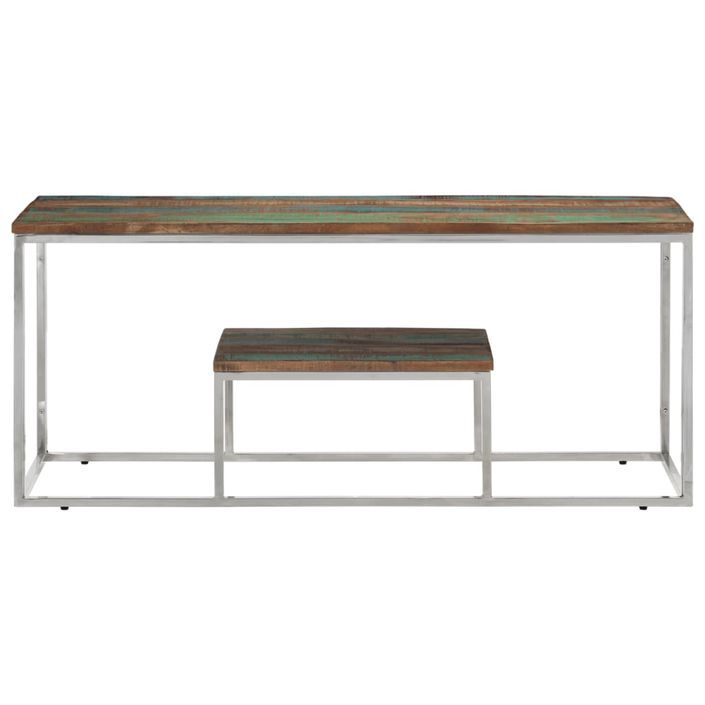 Table basse argenté acier inoxydable/bois massif récupération - Photo n°2