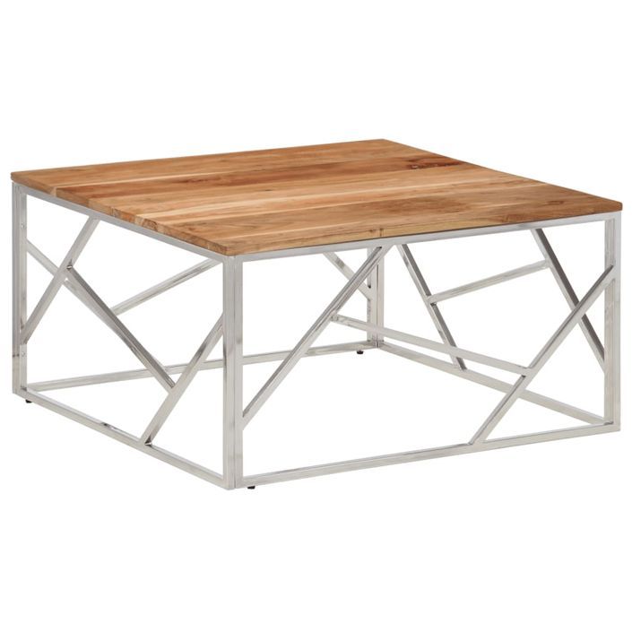 Table basse argenté acier inoxydable et bois massif d'acacia - Photo n°1