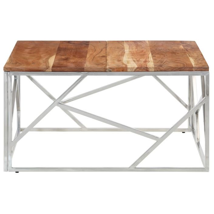 Table basse argenté acier inoxydable et bois massif d'acacia - Photo n°4