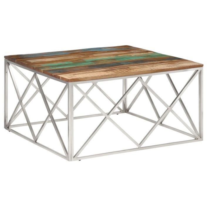 Table basse argenté inox et bois de récupération massif - Photo n°1