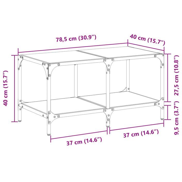 Table basse avec dessus en verre noir 78,5x40x40 cm acier - Photo n°9