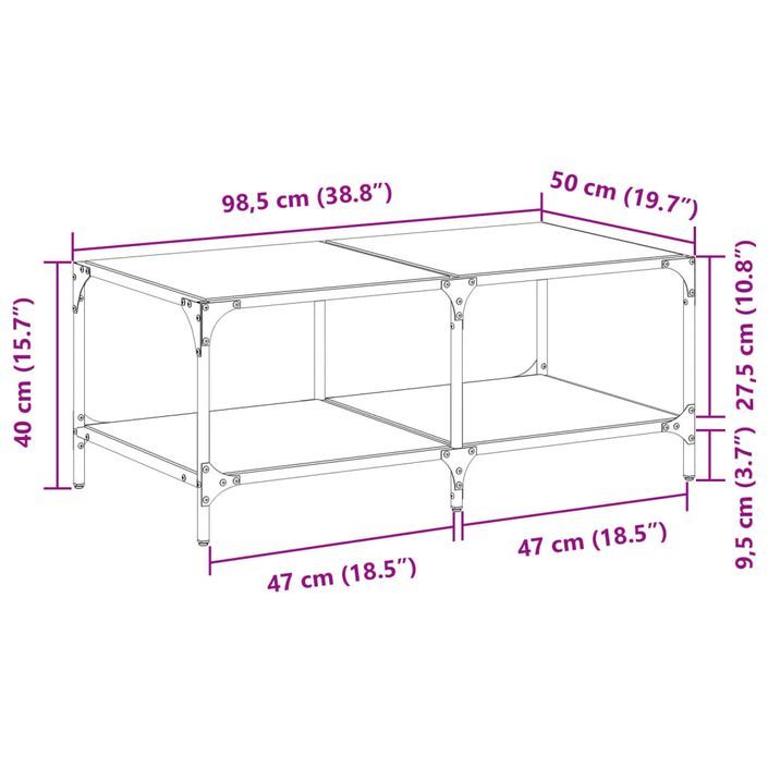 Table basse avec dessus en verre noir 98,5x50x40 cm acier - Photo n°9