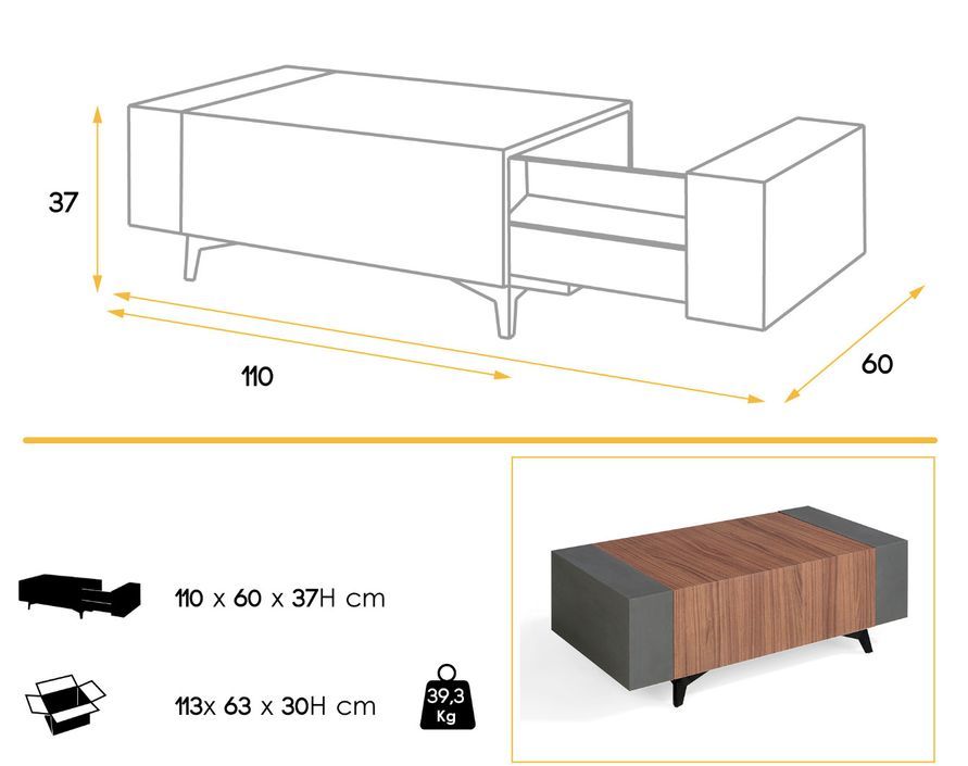 Table basse avec rangement marron et anthracite avec des pieds bois noir Kalieto 110 cm - Photo n°5