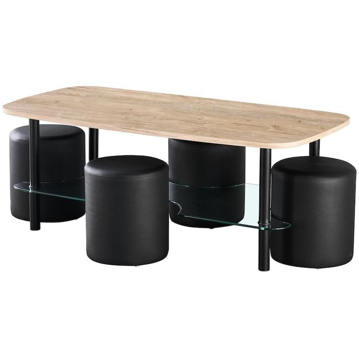 Table basse bois clair et 4 poufs simili cuir noir Malia - Photo n°1