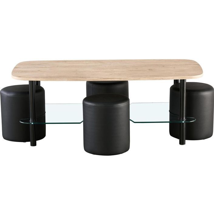 Table basse bois clair et 4 poufs simili cuir noir Malia - Photo n°2