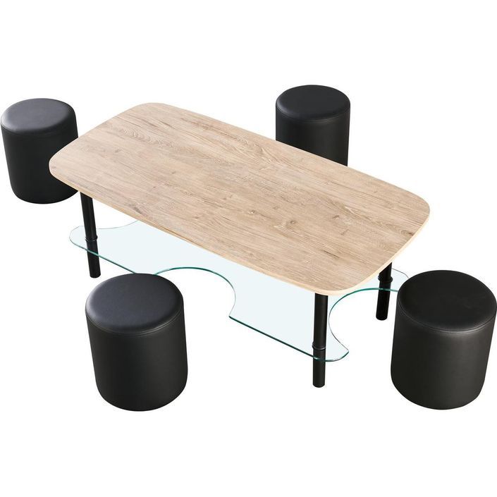 Table basse bois clair et 4 poufs simili cuir noir Malia - Photo n°3