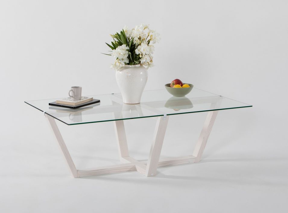 Table basse bois massif de pin blanc et verre trempé Mouka 105 cm - Photo n°2