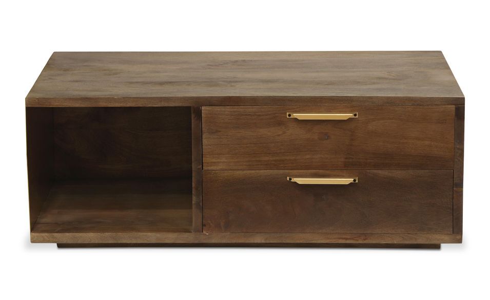 Table basse bois massif foncé et métal doré Orlène 110 cm - Photo n°1