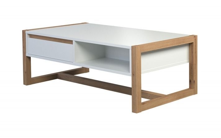 Table basse bois MDF blanc et bois clair 2 tiroirs 1 niche Maria L 110 cm - Photo n°1