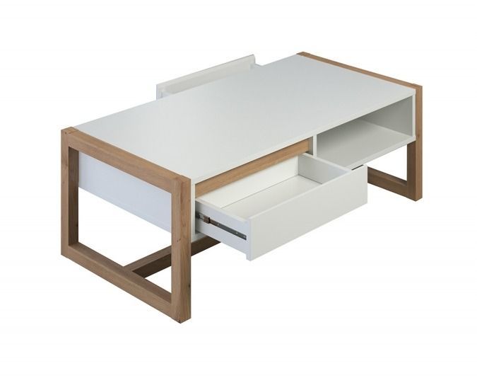 Table basse bois MDF blanc et bois clair 2 tiroirs 1 niche Maria L 110 cm - Photo n°2