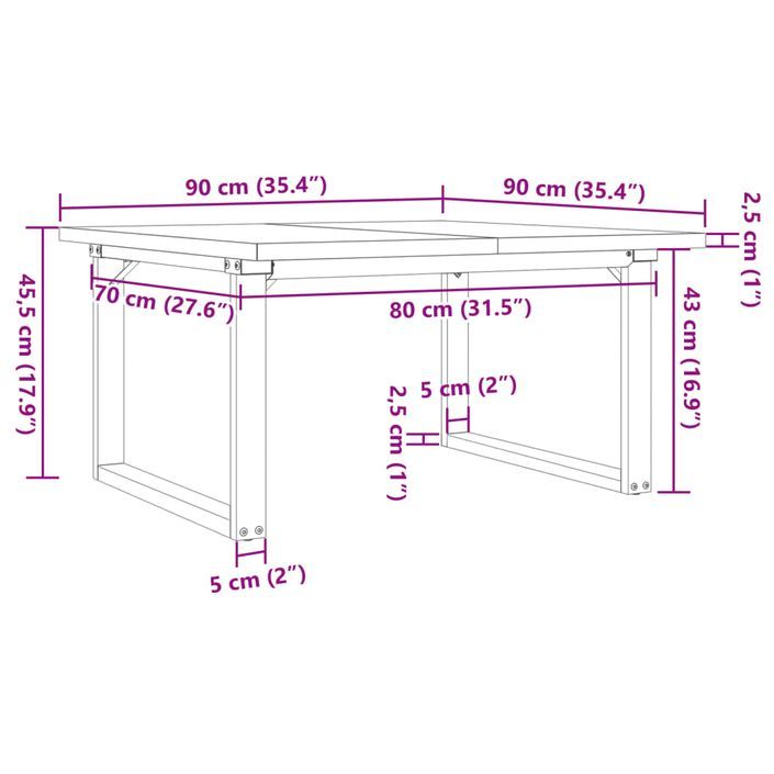 Table basse cadre en O 90x90x45,5cm bois de pin massif et fonte - Photo n°10