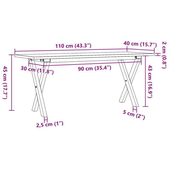 Table basse cadre en X 110x40x45 cm bois de pin massif et fonte - Photo n°10