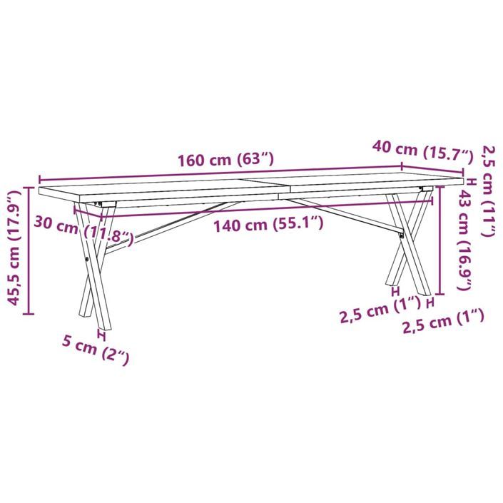 Table basse cadre en X 160x40x45,5 cm bois de pin massif fonte - Photo n°10