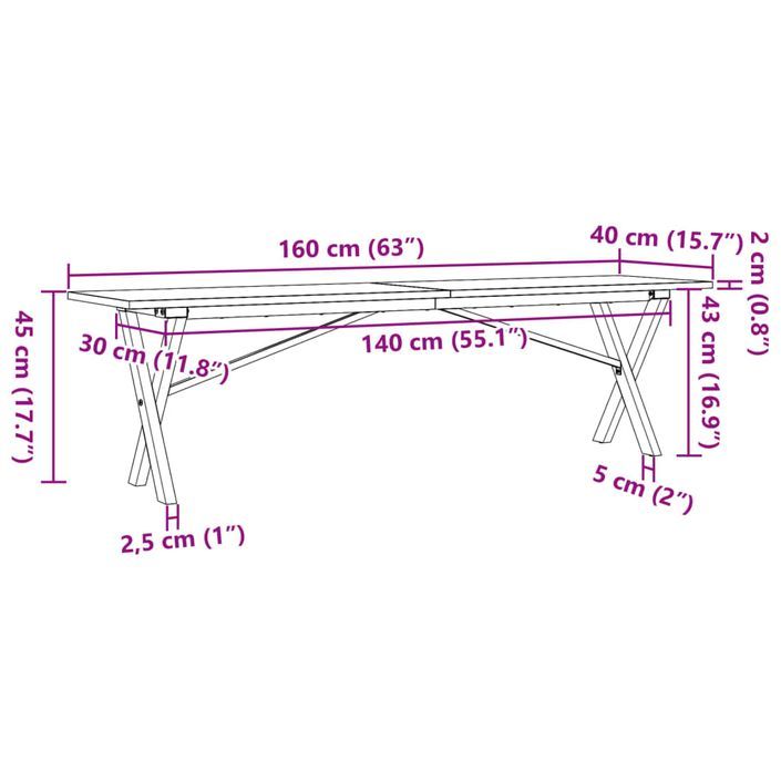 Table basse cadre en X 160x40x45 cm bois de pin massif et fonte - Photo n°10