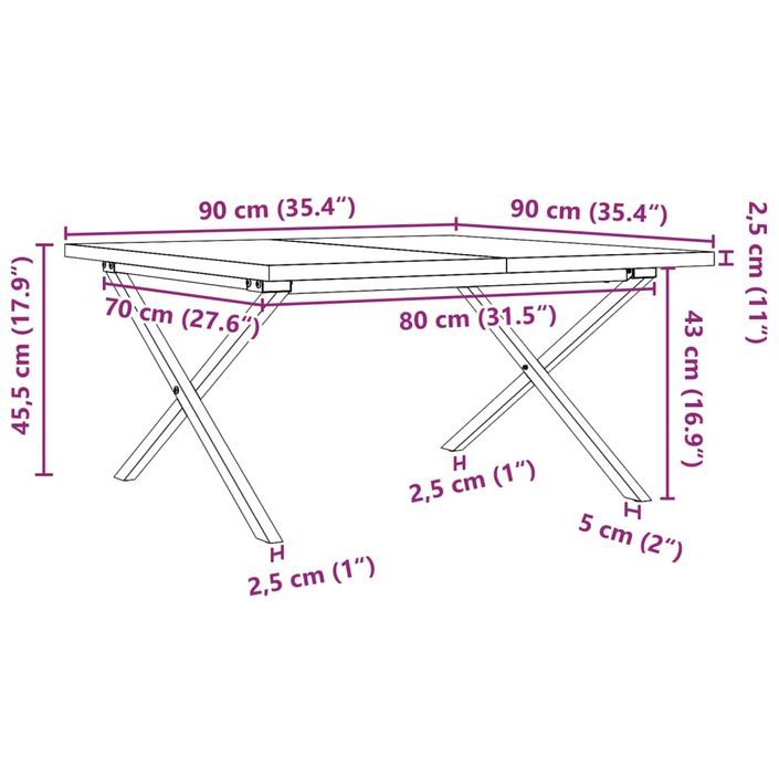 Table basse cadre en X 90x90x45,5cm bois de pin massif et fonte - Photo n°10