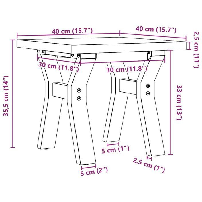 Table basse cadre en Y 40x40x35,5cm bois de pin massif et fonte - Photo n°10