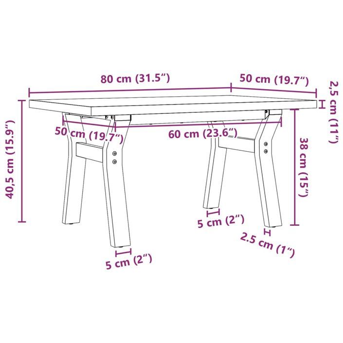 Table basse cadre en Y 80x50x40,5cm bois de pin massif et fonte - Photo n°10