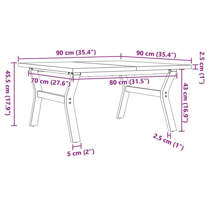 Table basse cadre en Y 90x90x45,5cm bois de pin massif et fonte - Photo n°10