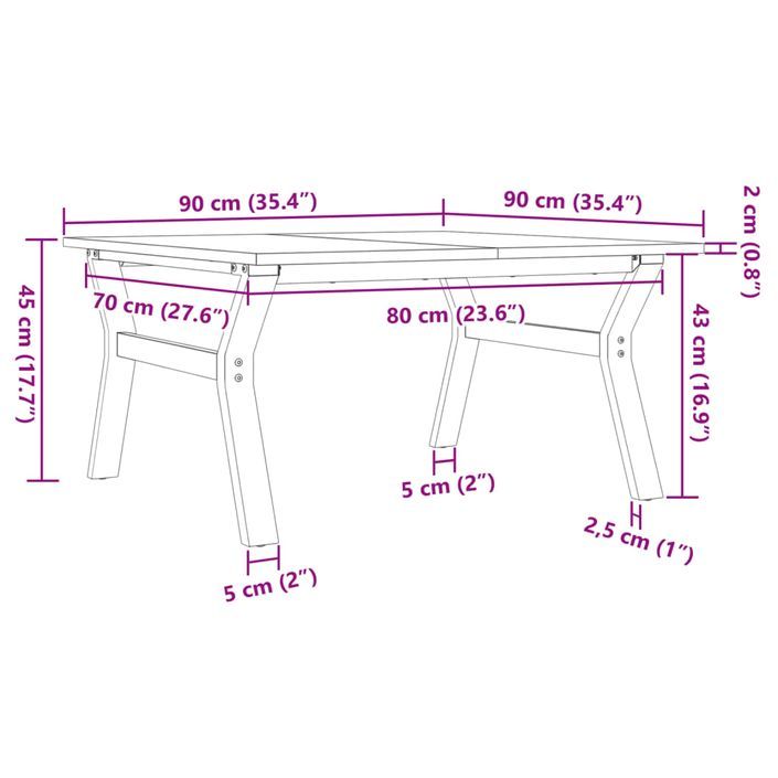 Table basse cadre en Y 90x90x45 cm bois de pin massif et fonte - Photo n°10