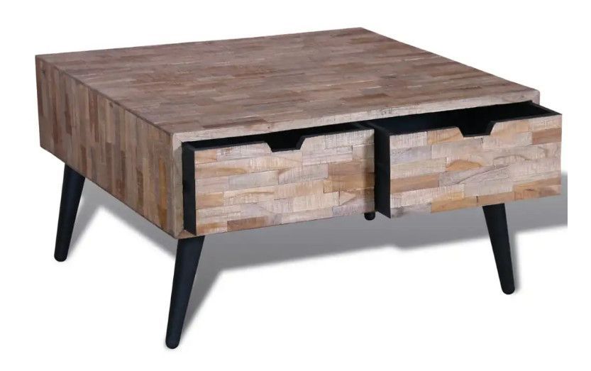 Table basse carrée 4 tiroirs teck recyclé et pieds métal noir Nelly - Photo n°3