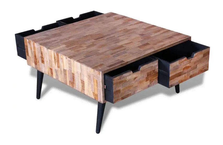 Table basse carrée 4 tiroirs teck recyclé et pieds métal noir Nelly - Photo n°4