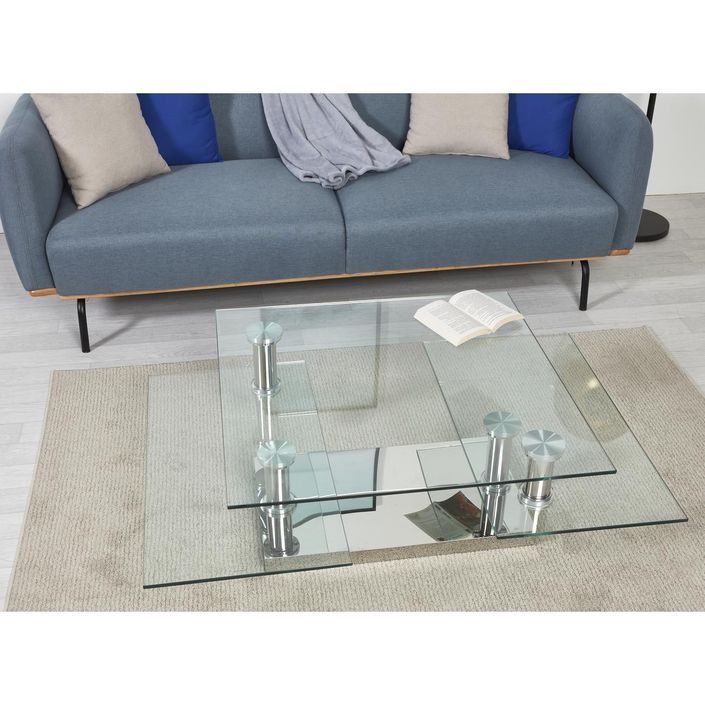 Table basse carrée acier chromé et plateaux pivotant verre trempé Vintaz 80 cm - Photo n°10