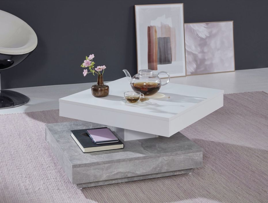 Table basse carrée blanc et gris béton pivotante Synchra 70 cm - Photo n°3