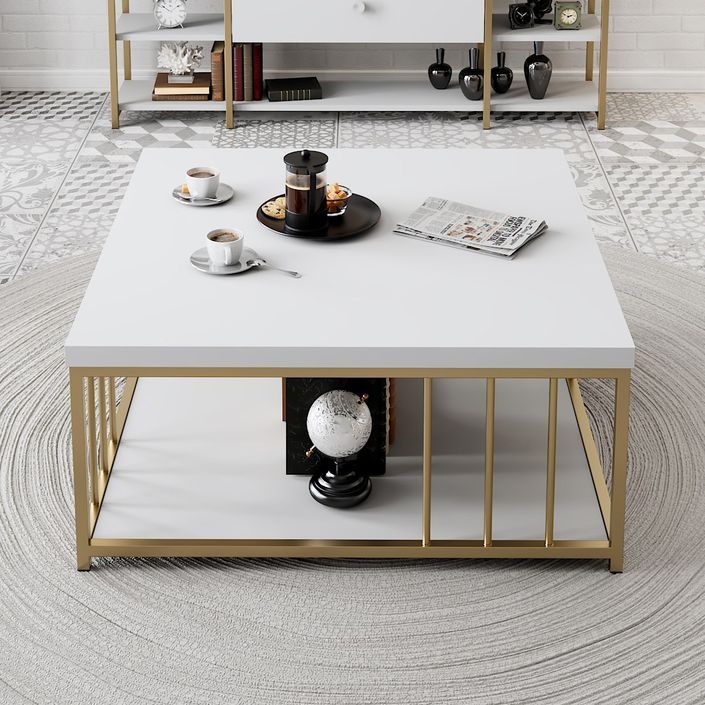 Table basse carrée bois blanc et métal doré Tonya 90 cm - Photo n°3
