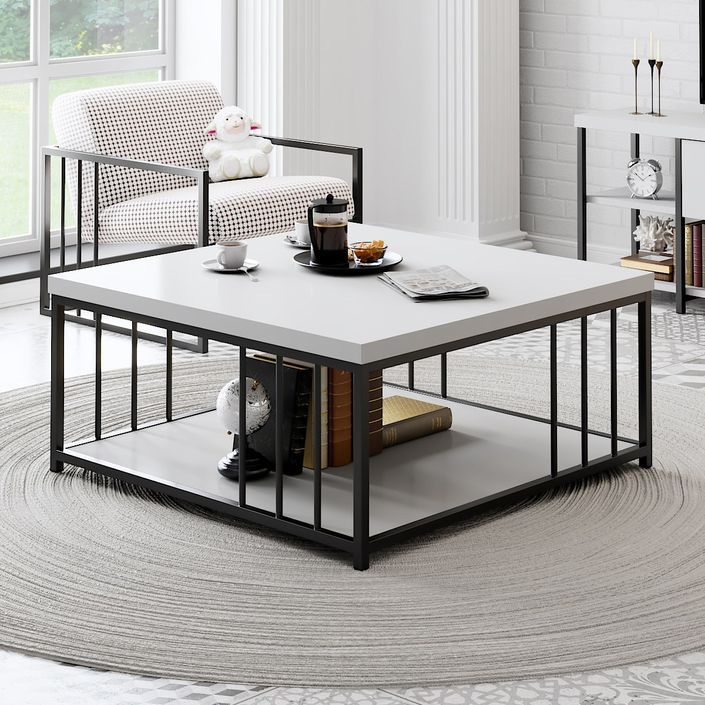 Table basse carrée bois blanc et métal noir Tonya 90 cm - Photo n°4