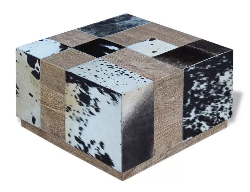 Table basse carrée bois et cuir de vache multicolore Pura - Photo n°1