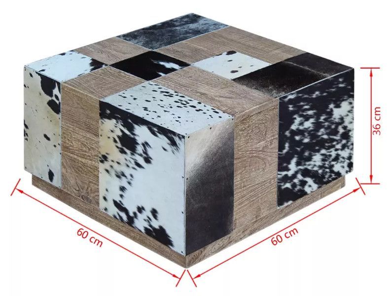 Table basse carrée bois et cuir de vache multicolore Pura - Photo n°6