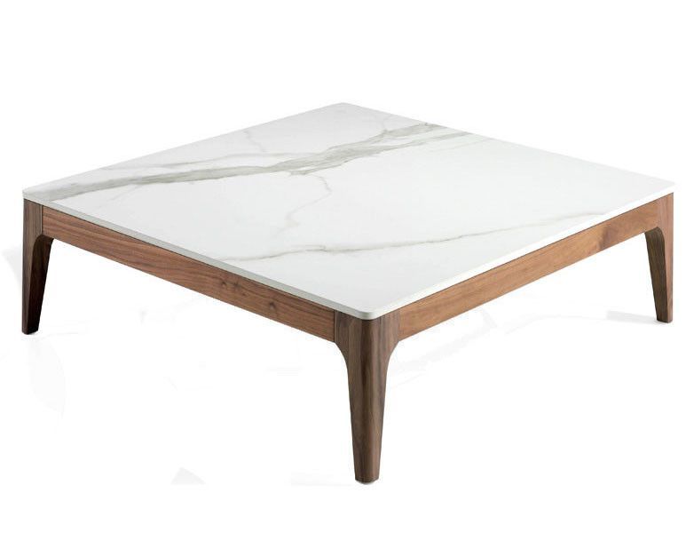 Table basse carrée bois noyer et plateau en marbre céramique blanc Mykal - Photo n°1