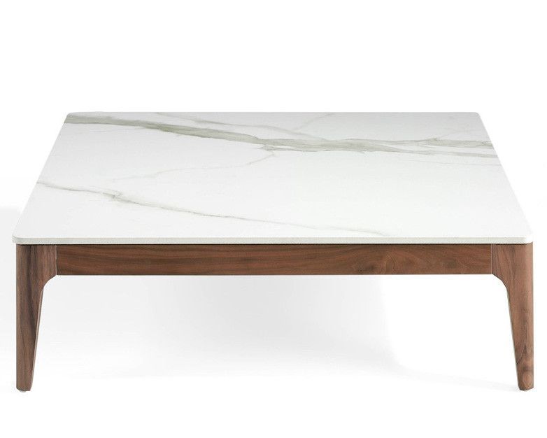 Table basse carrée bois noyer et plateau en marbre céramique blanc Mykal - Photo n°2