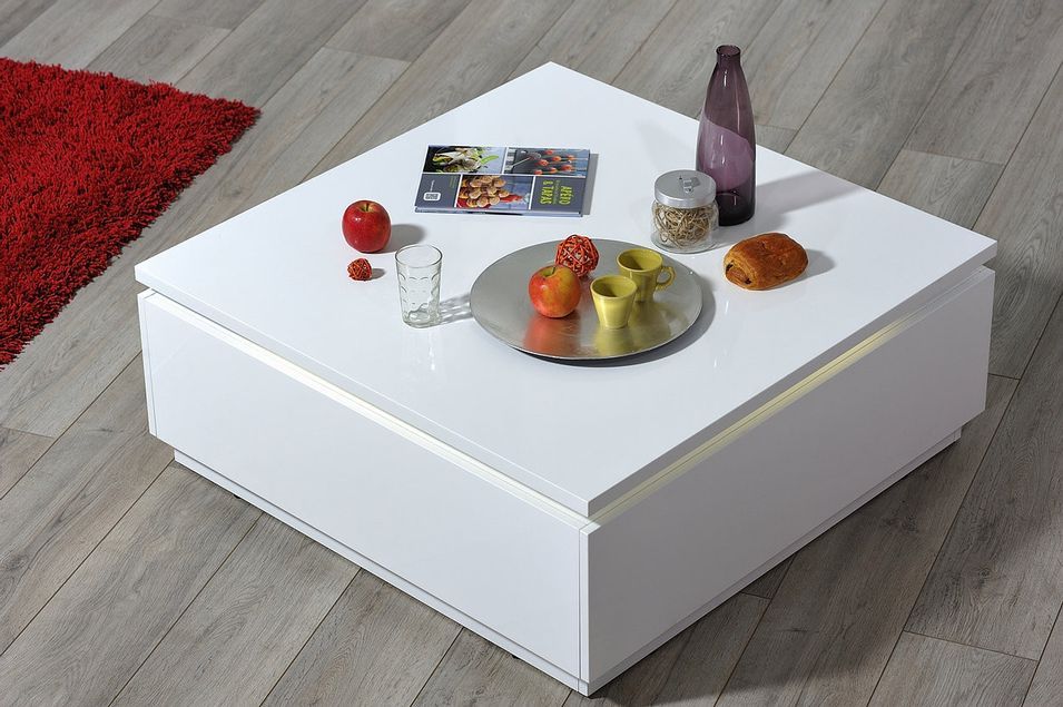 Table basse carrée lumineuse bois laqué blanc Kela 90 cm - Photo n°11