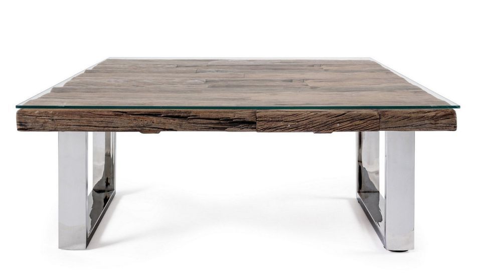 Table basse carrée plateau bois massif recyclé et verre trempé sur pieds acier chromé Stany 100 cm - Photo n°2