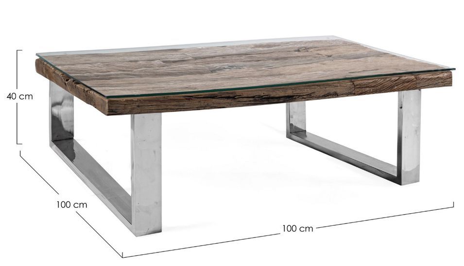 Table basse carrée plateau bois massif recyclé et verre trempé sur pieds acier chromé Stany 100 cm - Photo n°4