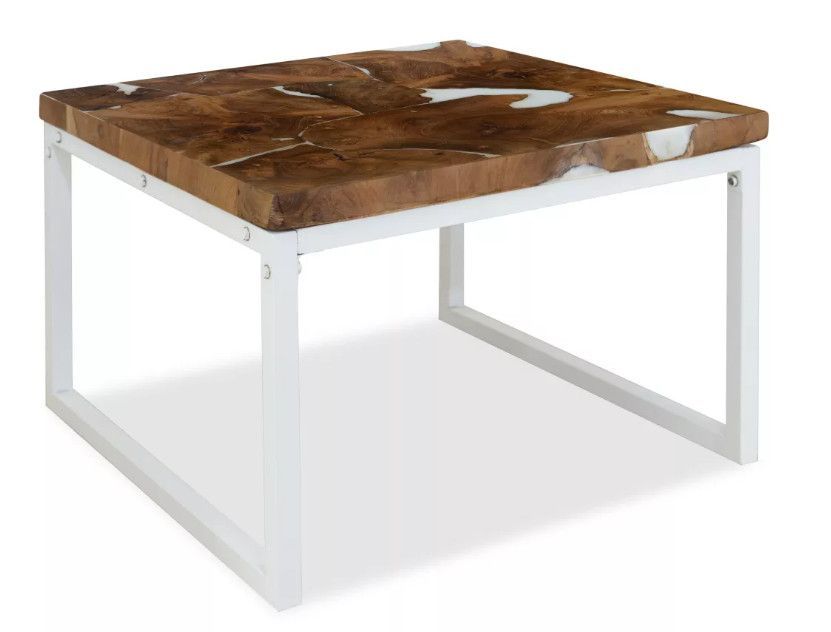 Table basse carrée teck massif clair et pieds métal blanc Mita - Photo n°3