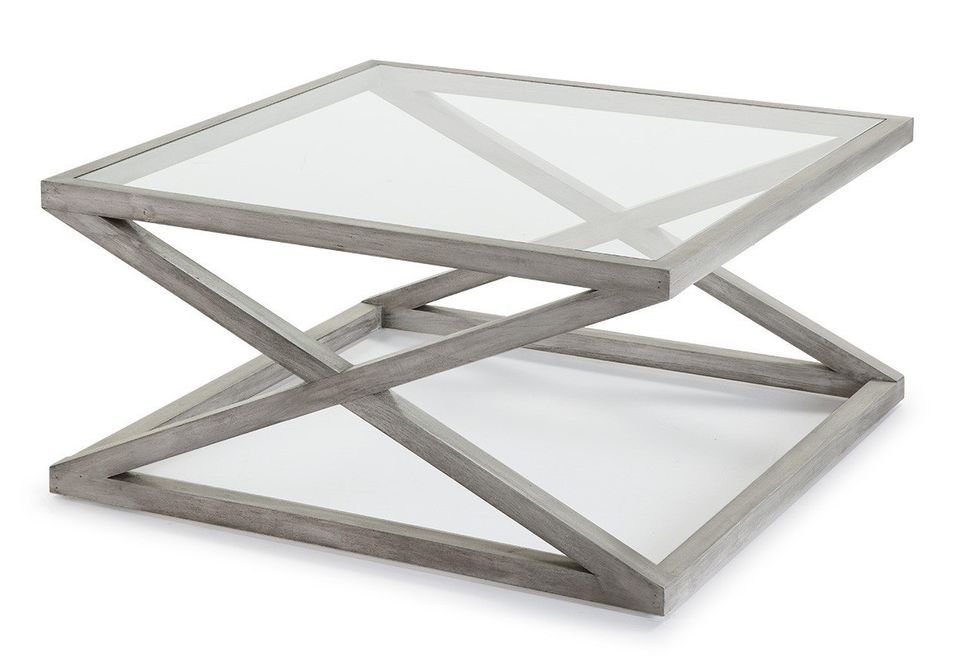 Table basse carrée verre et bois massif gris voilé 90 cm - Photo n°1