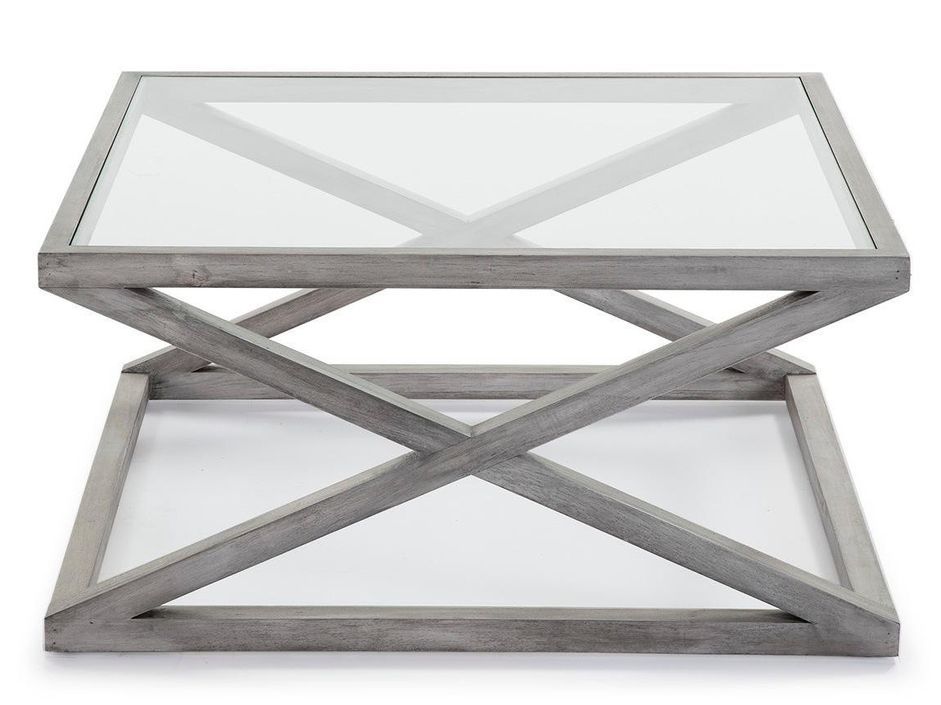 Table basse carrée verre et bois massif gris voilé 90 cm - Photo n°2