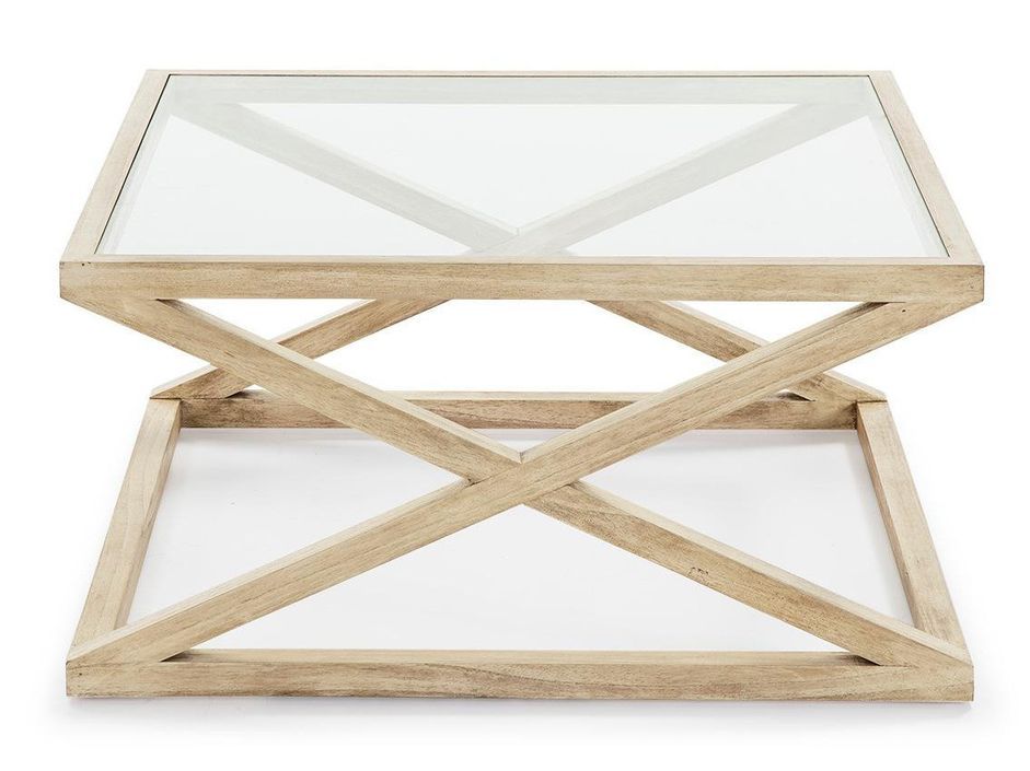 Table basse carrée verre transparent et bois clair voilé 90 cm - Photo n°2