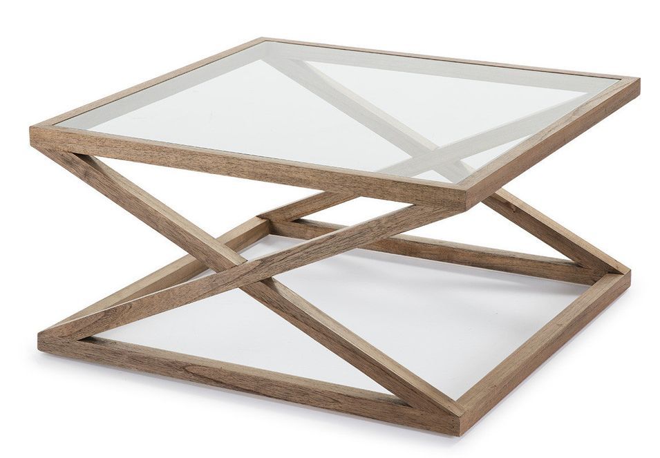 Table basse carrée verre transparent et bois foncé voilé 90 cm - Photo n°1