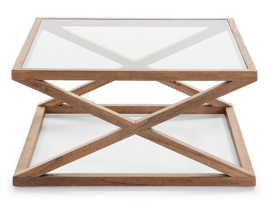 Table basse carrée verre transparent et bois foncé voilé 90 cm - Photo n°2