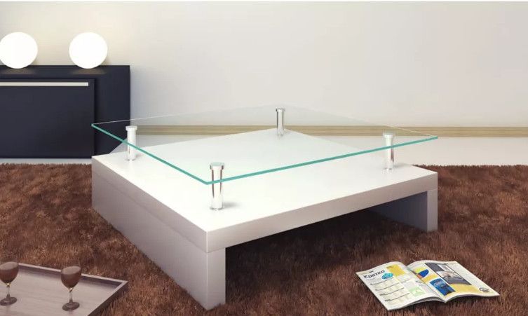 Table basse carrée verre trempé et bois blanc brillant Cubi 77 cm - Photo n°2