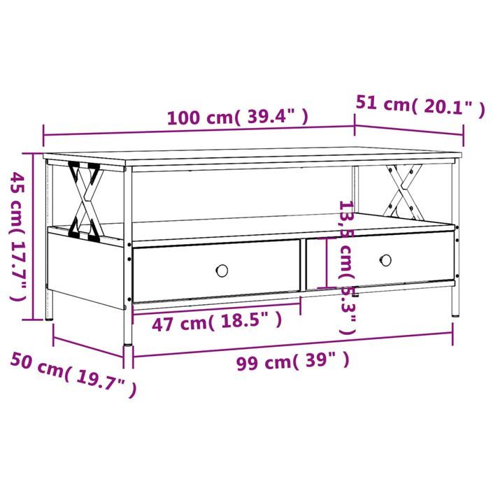 Table basse chêne sonoma 100x51x45 cm bois d'ingénierie - Photo n°11