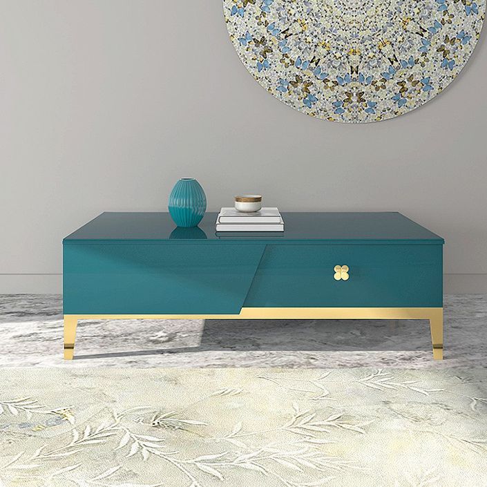 Table basse design 2 tiroirs bois bleu et pieds métal doré Azuro L 130 cm - Photo n°1