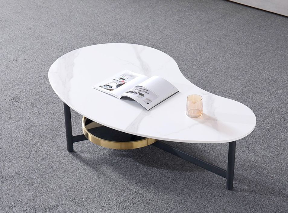 Table basse design arrondi céramique effet marbre blanc et pieds métal gris Smoky L 120 cm - Photo n°2