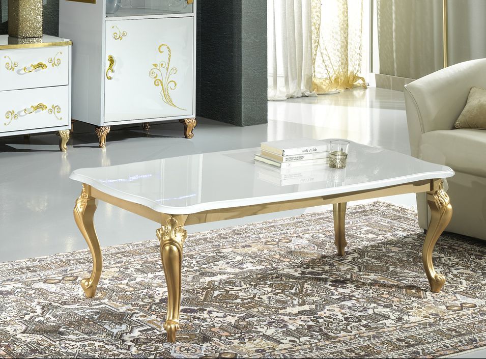Table basse design bois vernis brillant blanc et doré Jade 130 cm - Photo n°2