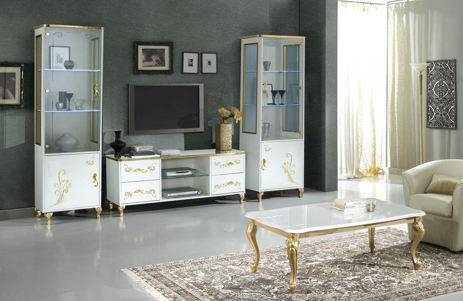 Table basse design bois vernis brillant blanc et doré Jade 130 cm - Photo n°3