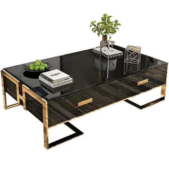 Table basse design laqué noir et pieds acier effet or miroir Raluxe 130 cm - Photo n°2
